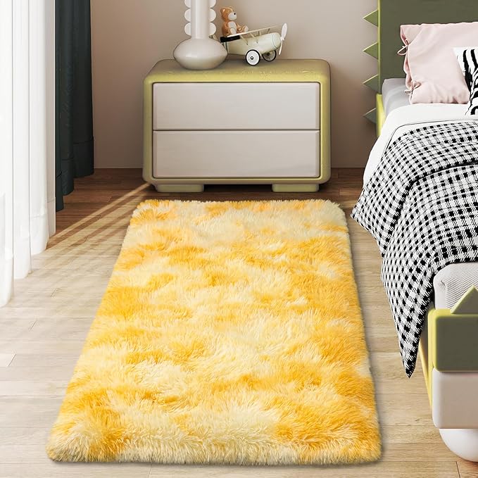Soft Runner Rugs for Bedroom Hallways, 2x4 Tie-Dyed Yellow Fluffy Shag Throw Area Rug Non Slip for Bedside Dorm, Long Shaggy Furry Carpet for Nursery Living Room