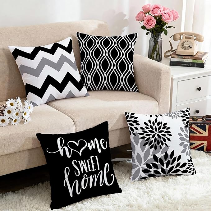 Hexagram Geometric Black Pillow Covers 18x18 Set of 4, Decorative Outdoor Boho Modern Throw Pillow Covers, Home Sweet Home Farmhouse Cushion Case for Couch Sofa Bedroom Indoor Decor(No Insert)
