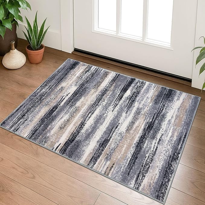 Lansny Modern Abstract Entryway Rug Indoor 2x3 Washable Rug Non-Slip Soft Small Area Rug Grey Black Multi Kitchen Mats Thin Print Faux Wool Floor Carpet Throw Rugs for Entrance Bedroom Home Decor