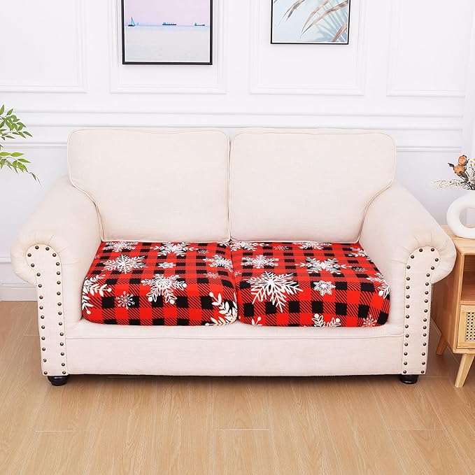 hyha Printed Couch Cushion Covers, Floral Sofa Covers Washable for 2 Cushion Couch, Stretch Pattern Outdoor Cushion Covers for Patio Furniture with Elastic Bottom(2 Packs, Checkered Snowflake)