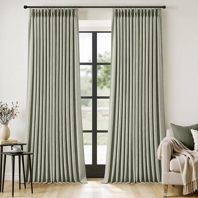 MIULEE Pinch Pleated Thick Linen Curtains 102 Inches Long 2 Panels for Living Room Bedroom, Memory Trained Drapes Pleat Back Tab Light Filtering Boho Sage Green Window Curtains with Hooks