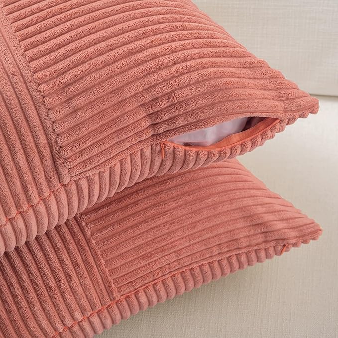 Fancy Homi 2 Packs Coral Decorative Throw Pillow Covers 22x22 Inch for Living Room Couch Bed, Rustic Farmhouse Boho Home Decor, Soft Corss Corduroy Patchwork Accent Square Cushion Case 55x55 cm
