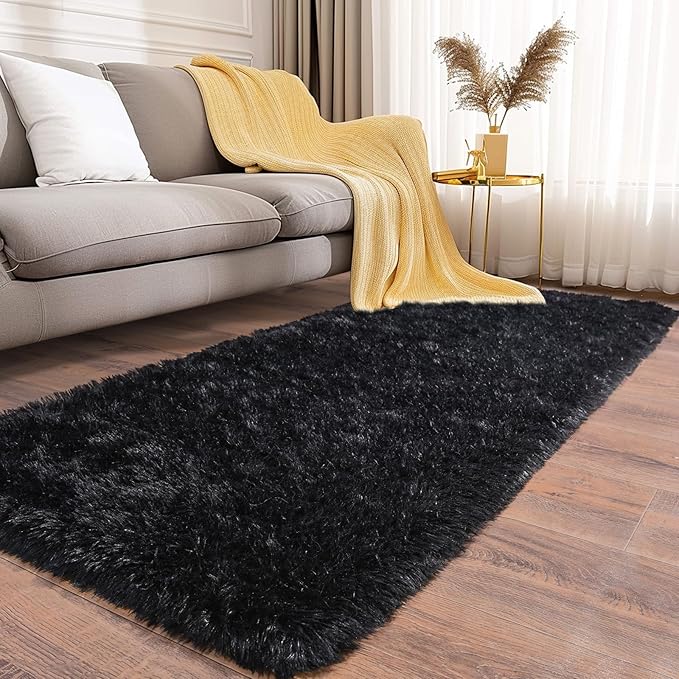 Soft Runner Rugs for Bedroom Hallways, 2x6 Black Fluffy Shag Throw Area Rug Non Slip for Bedside Dorm, Long Shaggy Furry Carpet for Nursery Living Room
