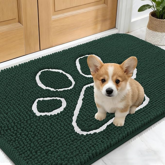OLANLY Dog Door Mat for Muddy Paws 24x16, Paw Print Design, Absorbs Moisture and Dirt, Absorbent Non-Slip Washable Doormat, Quick Dry Chenille Mud Mat, Entry Indoor Entryway Carpet, Blackish Green