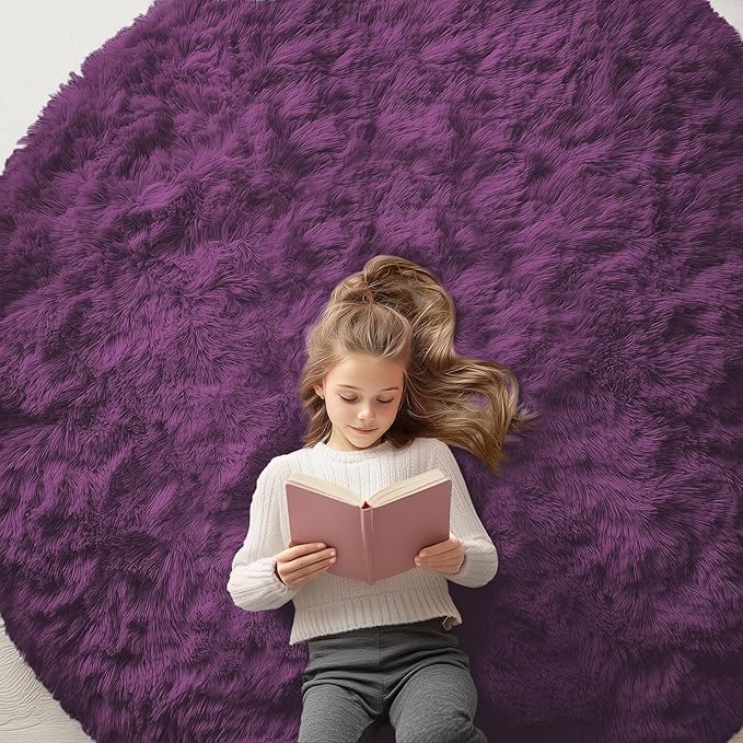 OLANLY Dark Purple Round Rugs for Bedroom - Machine Washable, 6 ft Circle Area Rugs for Living Room, Soft and Fluffy Shaggy Carpet for Teen Girl and Boys, Nursery Rooms, Dorms, Home Decor Aesthetic