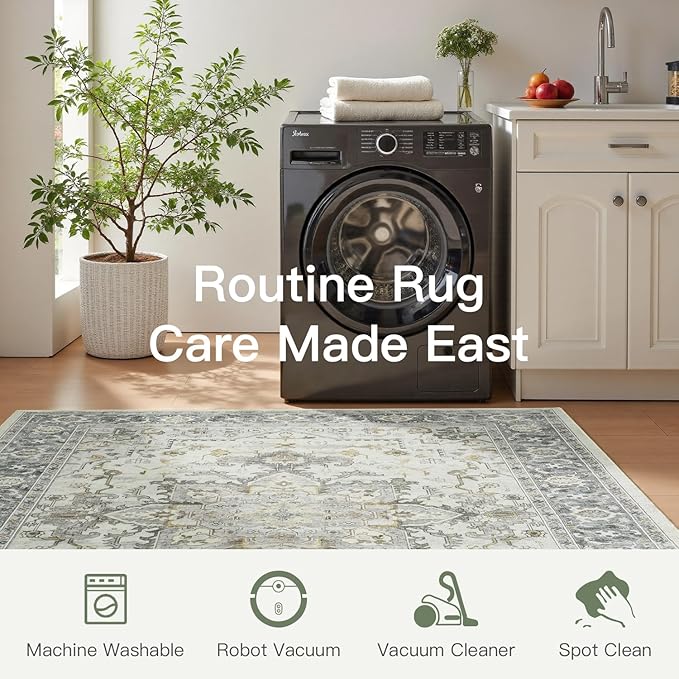 Lofus 3x5 Area Rugs for Entryway, Machine Washable Small Living Room Area Rug, Low Pile Non-Slip Rugs for Bedroom, Kitchen, Home Office, Vintage Oriental Print Rug, Taupe Grey
