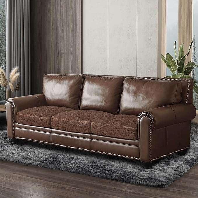 Leather Look Couch Cushion Covers Sofa Seat Slipcovers Sets Couches Furniture Protector for Sectional Armchair Loveseat Pets Kids Stretch Spandex Fabric (3 Cushion Sofa, Brown)