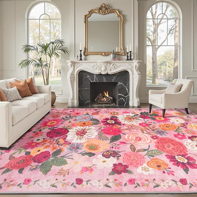 Floral Washable 6x9 Area Rugs Pink, Soft Bedroom Rug for Living Room Ultra-Thin Non Slip Dining Room Rug, Stain Resistant Rugs Easy Clean Throw Carpet for Office(Pink Garden, 6 x 9)