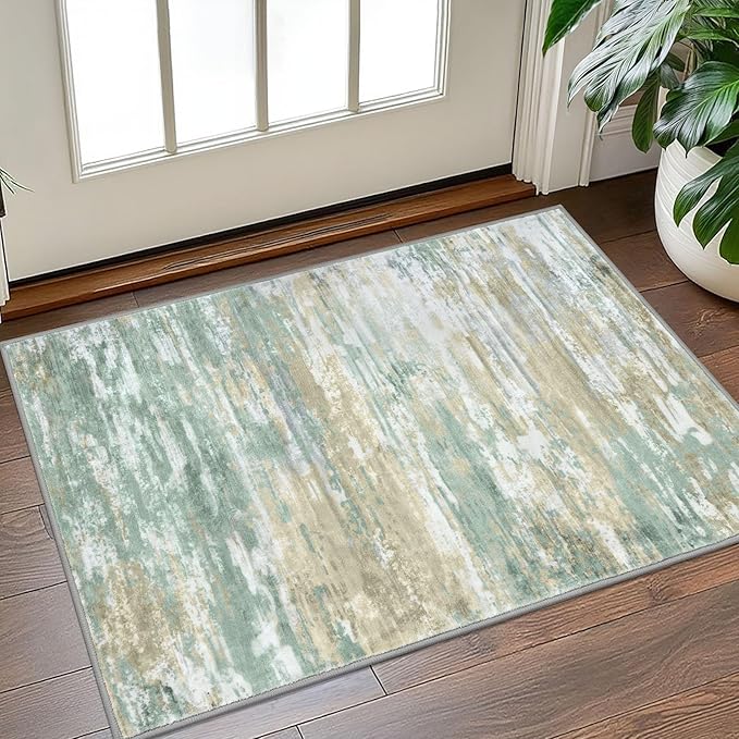 KOZYFLY Small Area Rug 2x3 Rug Entryway Rugs Modern Abstract Indoor Non-Slip Machine Washable Rug Light Green Yellow, Dining Room Rug with Soft Low Pile for Kitchen Bath Office Small Carpet Floor Mats