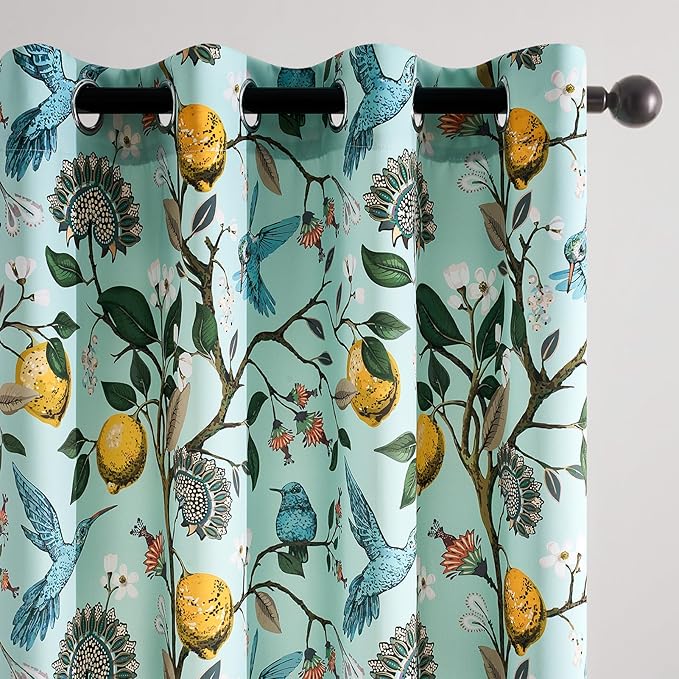 Topfinel 90 Inches Long Curtains Mint Green Whimsical Woodland Leaf Jungle Flower Hummingbird Victorian Grommet Thick Sage Green Curtains for Balcony Sliding Glass Office Bedroom Living Room