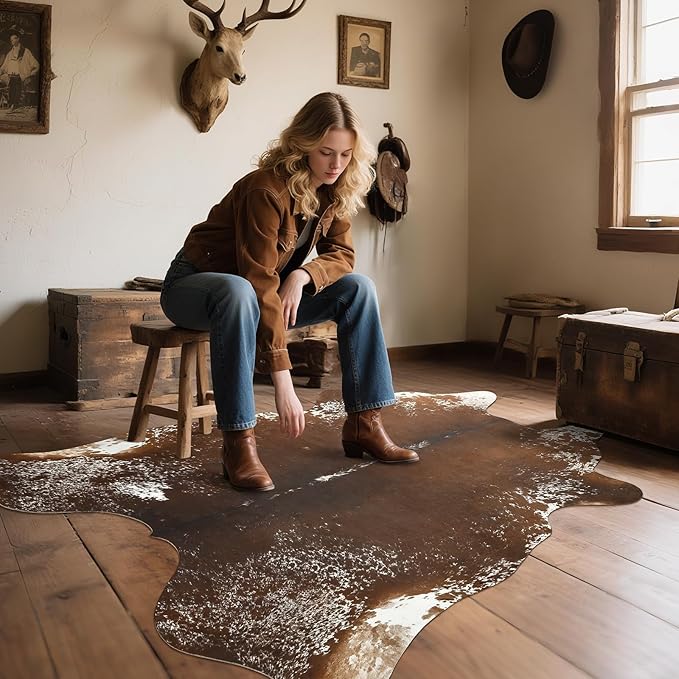AROGAN Western Decor Faux Fur Cowhide Rug, 4.6×5.2 Feet Premium Animal Skin Cow Hide Rug, Sturdy Cow Print Rugs for Wall Decor, Western Floor Carpet for Bedroom Living Room, Spotted Brown