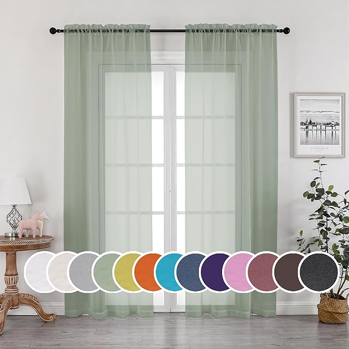 OWENIE Sheer Curtains 90 Inches Long 2 Panels Set, Sage Green Sheer Curtains Rod Pocket Voile Drapes for Living Room, Airy Soft-Touching Drapes, 2 PCS Panels, Each 42" W x 90" L Inch