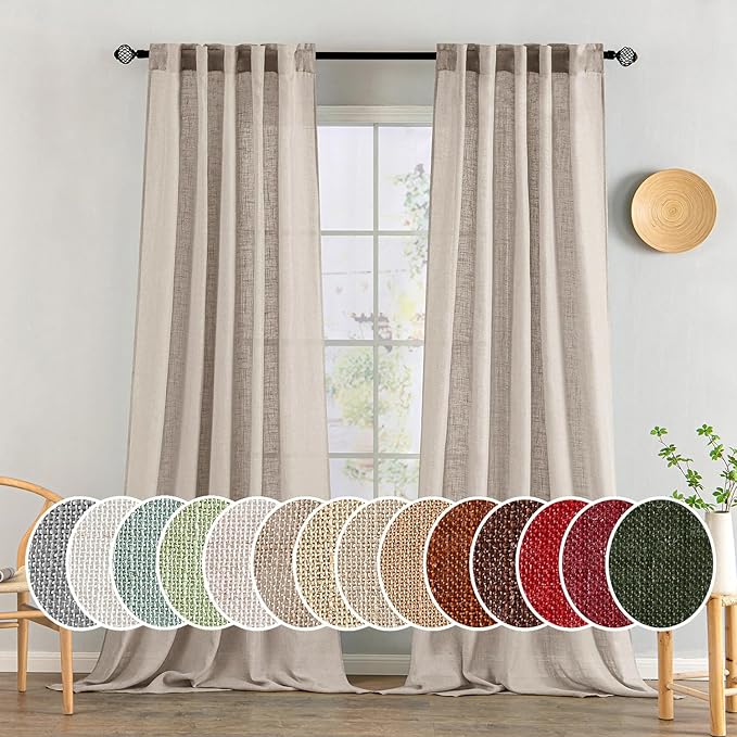 MIULEE Natural Linen Curtains 90 Inch Long 2 Panels for Bedroom Living Room, Soft Linen Textured Window Drapes Semi Sheer Light Filtering Back Tab Rod Pocket Farmhouse Modern Burlap Look Decor