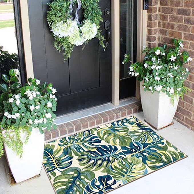 Front Door Mat Outside Entrance - 2x3 Boho Non-Slip Washable Spring Doormat Indoor Outdoor Entrance Tropical Green Blue Leaf Rug Small Throw Rugs for Entryway Bedroom Kitchen Front Porch Decor