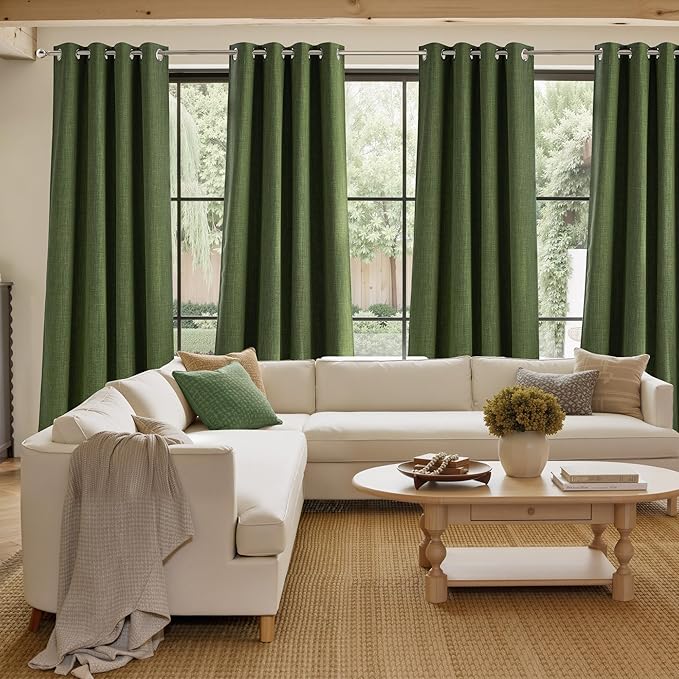 NICETOWN Short Faux Linen Froest Green Blackout Curtains 63 inches Long for Kitchen - Privacy Panels for Living Room Bedroom, Modern Farmhouse Style Easy Care Grommet Top, 2 Panels, W42 by L63