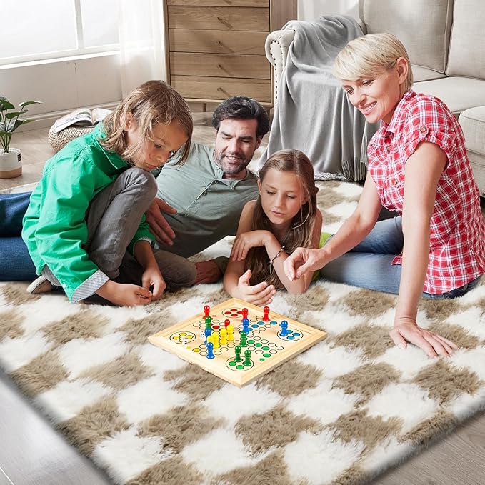Checkered Area Rugs for Living Room 6x9, Fluffy Beige and White Checkered Rug Fuzzy Shag Shaggy Carpets for Bedroom, Soft Plush Furry Rug for Boy Girls Room Dorm Home Decor