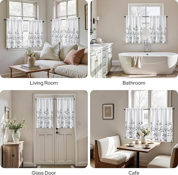 HOMEIDEAS Kitchen Curtains, Short Non-See-Through Privacy 30X36 Inch Length Tier Curtains, Grey and White Leaf Floral Printed Light Filtering Semi Sheer Small Window Drapes for Bathroom Cafe, 2 Panels