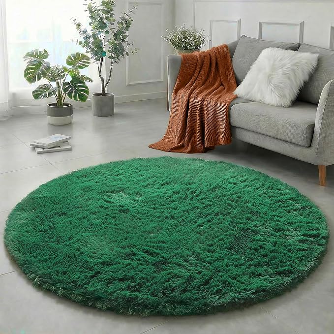 Amdrebio Dark Green Round Rug 4Ft for Bedroom, Fluffy Fuzzy Circle Area Rugs for Living Room Decor, Shaggy Emerald Green Rugs for Kids, Teen Boys, Baby Nursery, Furry Plush Floor Carpet for Classroom