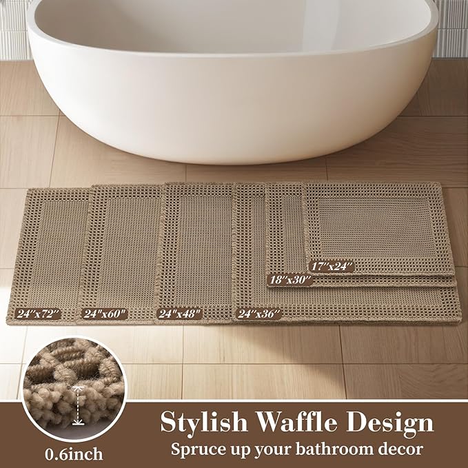 RESARE Waffle Bathroom Runner Rugs, Super Absorbent Bath Mat Non Slip Washable Quick Dry, Upgraded Ultra Soft Boho Bath Rugs with Tassels for Hallway Bedroom Laundry Room, 2'x4'(24"x48"), Brown