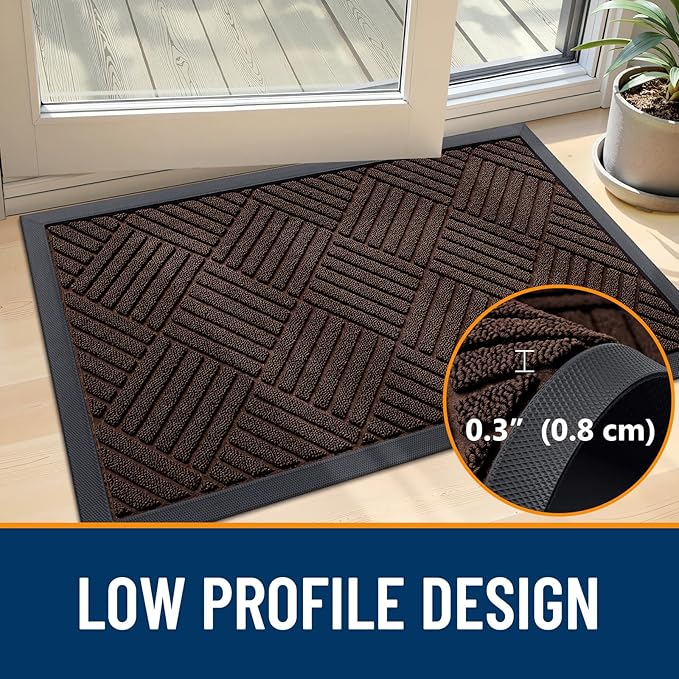 OLANLY Front Door Mat Outside Entrance 59x34, Absorbent, Heavy Duty Sturdy Natural Rubber Doormat Indoor Outdoor, Stain and Fade Resistant, Non-Slip Low Profile Floor Mat for Entryway, Brown Diamond