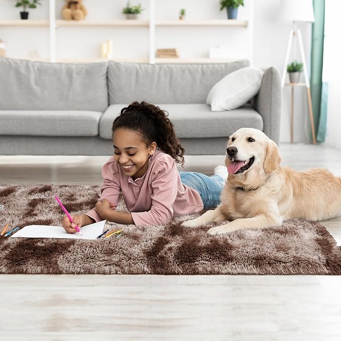 Tepook Fluffy Runner Rugs for Bedroom Aesthetic 2x6 Feet, Shag Soft Bedside Rug with Non-Slip Bottom, Fuzzy Plush Carpet for Room, Hallway Rug for Nursery Dorm Indoor Home Decor, Tie-Dyed Coffee