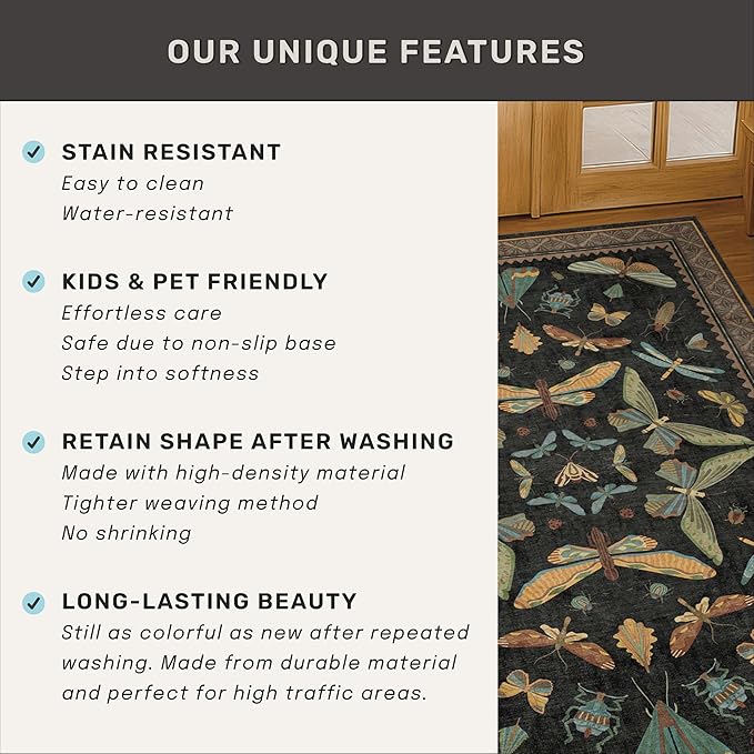 Black Insect 2'6"x8' Washable Non Slip Runner Rugs for Hallways, Non Skid Stain Resistant Rug Runners for Kitchen, Entryway, Mudroom -, Dark Floral Boho Cottagecore Home Decor