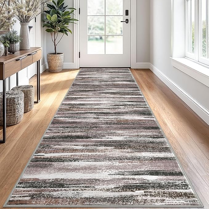 Lansny Modern Abstract Runner Rug 2.6x10, Dark Light Brown White Washable Long Kitchen Runner Non-Slip Soft Hallway Rug Runner Thin Print Faux Wool Carpet for Entryway Bedroom Laundry Room Indoor