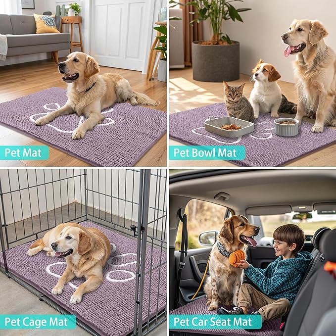 Smiry Dog Door Mat for Muddy Paws, Absorbent Dirt Trapper Non Slip Quick Dry Washable Chenille Mat for Mud Dogs, Entry Rug for Indoor and Outdoor (30x20 Inches, Deep Plum and White)