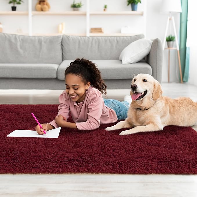 Tepook Soft Runner Rugs for Bedroom 2x6 with Rubber Backing, Burgundy Red Fluffy Rugs for Hallway, Shag Bedside Rug Fuzzy Plush Carpet for Living Room Dorm Nursery Indoor Home Decor