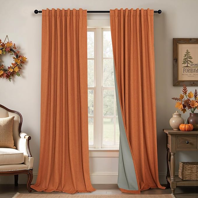 Pitalk Blackout Burnt Orange Curtain for Bedroom 96 Inch Length 2 Panels Back Tab Pocket Room Darkening Privacy Thermal Ochre Dark Orange Black Out Linen Drape for Living Room 52x96 Long Western Decor