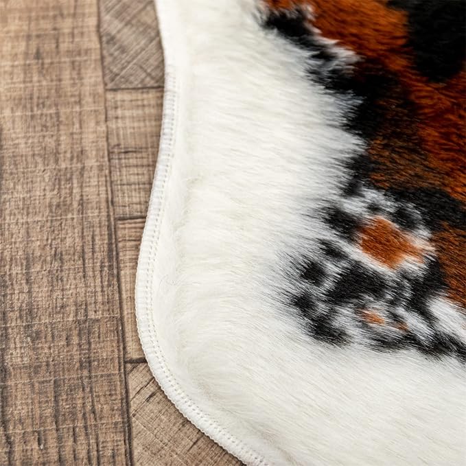Faux Cowhide Rug Cow Print Area Rug Premium Faux Animal Skin Hide Rugs Tricolor Decor Carpet Non-Slip Small Cowhide Rugs Mat for Bedroom Living Room Office Kitchen 43.3X33.4Inches