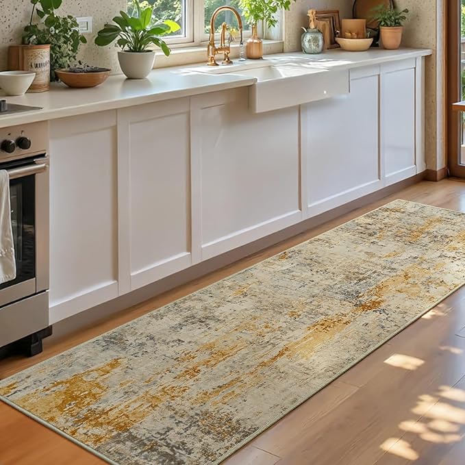 Runner Rug for Kitchen Beige Hallways Runner Rug Non Slip 2'6''x8' Washable Long Runner Rugs with Rubber Backing Soft Abstract Carpet Runner for Entryway, Kitchen, Bedroom, Bathroom
