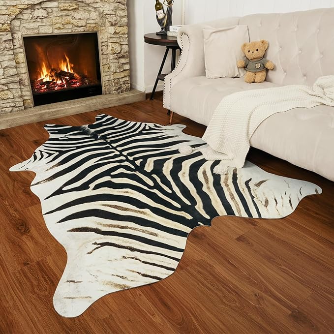 AROGAN Western Faux Fur Zebra Rug, 8 x 10 Feet Premium Animal Skin Print Rug, Sturdy Faux Zebra Hide Rugs for Wall Decor, Western Floor Carpet for Bedroom Living Room, Black