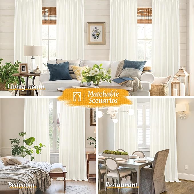 LAMIT Natural Linen Curtains 63 Inch Length for Bedroom, Light Filtering Semi Sheer Living Room Panels Farmhouse Boho Rod Pocket Privacy Drapes for Livingroom, 2 Panels (42 x 63 Inch, Cream)