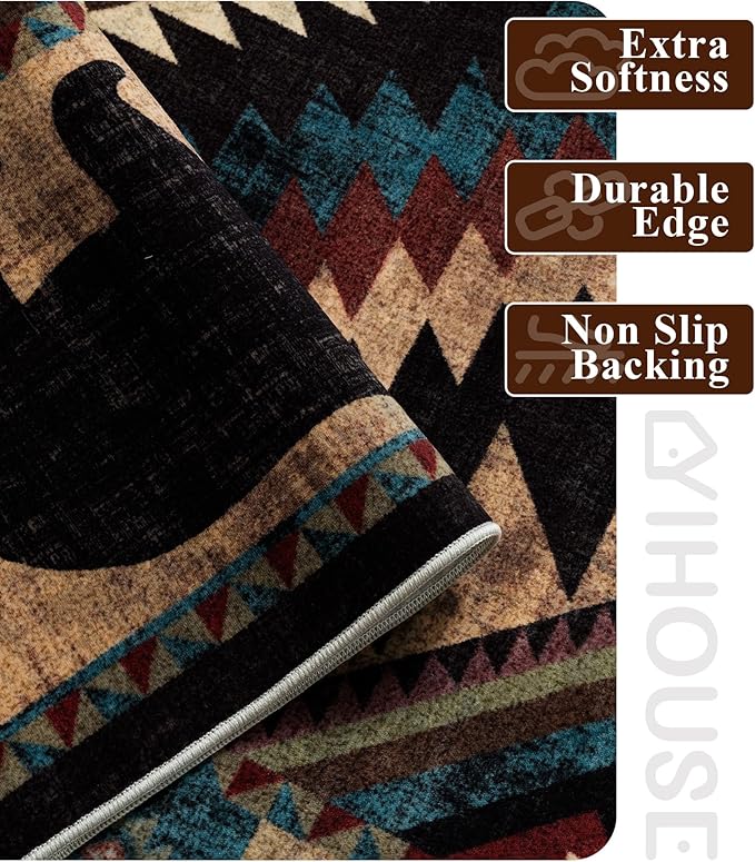 YIHOUSE Rustic Cabin Area Rug 4x6,Machine Washable Lodge Bear Rug,Non-Slip Low Pile Print Pattern Western Aztec Rug for Living Room Bedroom