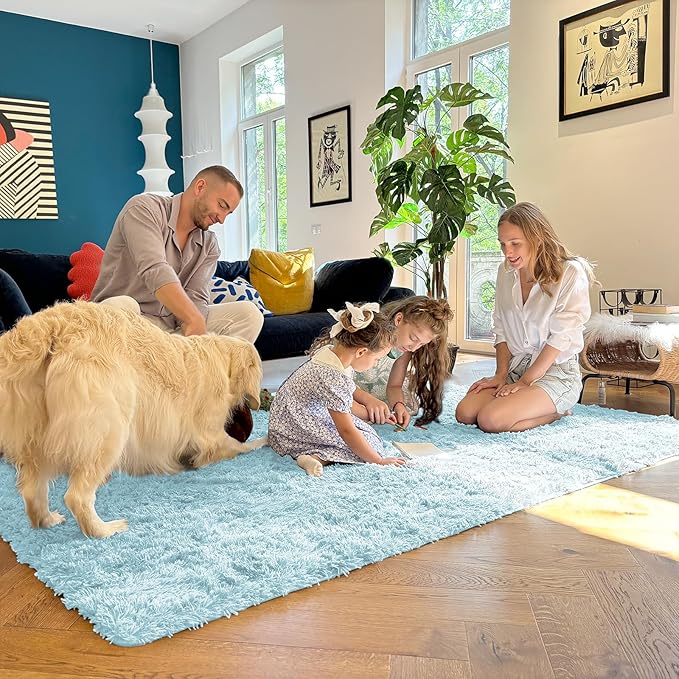 OLANLY 8x10 Machine Washable Large Area Rugs for Living Room, Bedroom, Soft Fluffy Shaggy Bedside Rug, Indoor Floor Carpet for Kids Girls and Boys, Dorms, Nursery, Home Decor Aesthetic, Light Blue