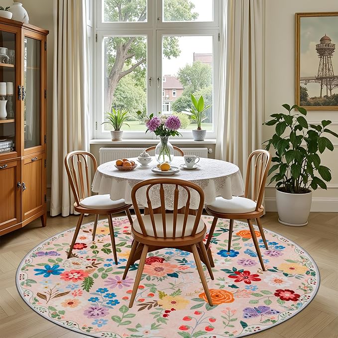 Round Area Rug for Living Room: 4 ft Floral Washable Circle Rug Soft Boho Non-Slip Carpet Indoor Stain Resistant Low Pile Small Circular Rug for Bedroom Entryway Kitchen Nursery Home Office Beige