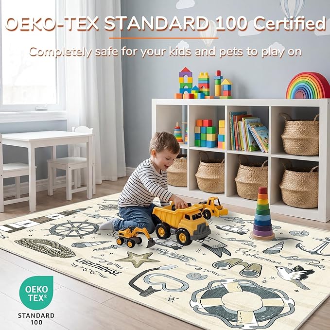 OPPODREAM Nautical Soft Area Rugs 5x7, Washable Beige Rug with Non Slip Backing, 5 x 7 Faux Cashmere Low-Pile 5x7 Carpet