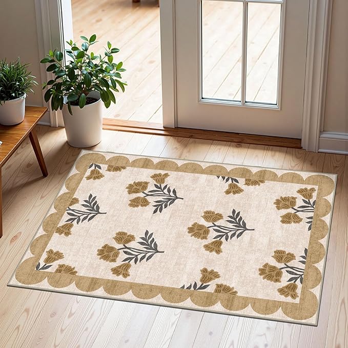 Front Door Mat Outside Entrance - 2x3 Spring Floral Non-Slip Washable Doormat Indoor Outdoor Door Mat Beige Vintage Farmhouse Entry Rug Small Throw Rugs for Entryway Kitchen Front Porch Decor