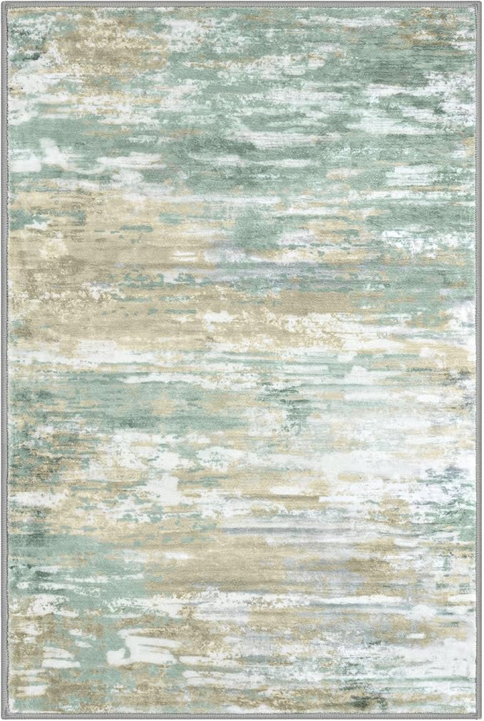 KOZYFLY Modern Abstract 3x5 Area Rug Washable Bedroom Rug Light Green Yellow, Throw Entry Mat Non-Slip Stain Resistant Carpet Dining Room Rug with Soft Low Pile for Living Room Kitchen Bath Office