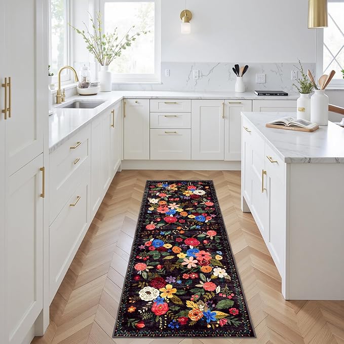 Rug for Hallways Kitchen Rug 2x6, Non Slip Washable Rugs with Rubber Backing Soft Floral Carpet Runner for Hallways, Kitchen, Laundry, Bedroom, Bathroom (2 x 6, Purple)