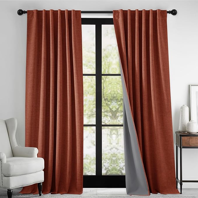 RYB HOME 100% Blackout Linen Textured Curtains 108 inches Long, Insulating Privacy Energy Saving for Bedroom Living Room Window Office Theater Patio Door, W 52 x L 108 in, Terracotta, 2 Panels