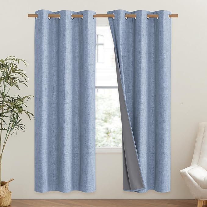 NICETOWN Stone Blue Vintage Linen 100% Blackout Curtains for Classroom, Thermal Insulated Curtains 72" Long, Noise Reducing Window Treatment Drapes for Gym Room, 42" Wide Per Panel, Set of 2