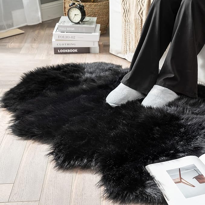 MIULEE Luxury Super Soft Fluffy Area Rug Faux Fur Sheepskin Rug Decorative Plush Shaggy Carpet for Bedside Sofa Floor Nursery Halloween 3 x 5 Feet, Black