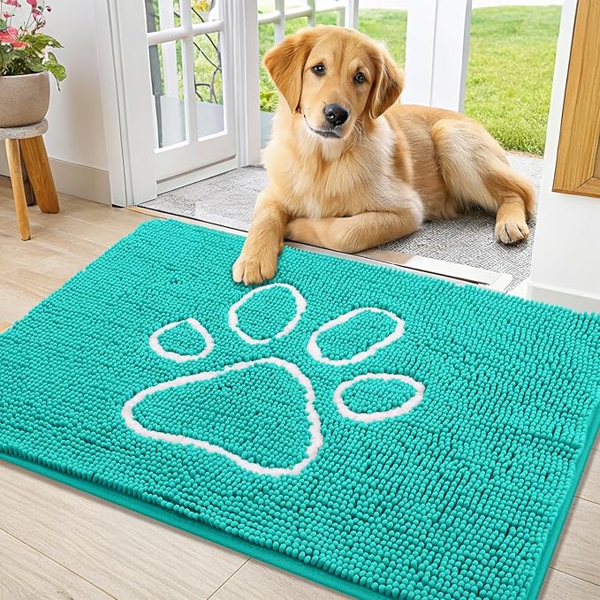Smiry Dog Door Mat for Muddy Paws, Absorbent Dirt Trapper Non Slip Quick Dry Washable Chenille Mat for Mud Dogs, Entry Rug for Indoor and Outdoor (36x24 Inches, Turquoise and White)