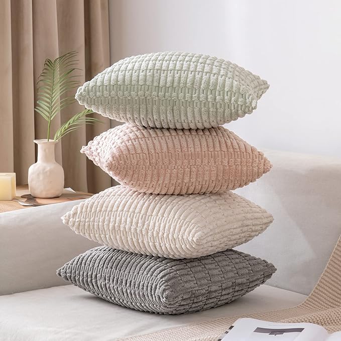 MIULEE Pack of 2 Spring Corduroy Decorative Throw Pillow Covers 20x20 Inch Soft Boho Striped Pillow Covers Modern Farmhouse Home Decor for Summer Sofa Living Room Couch Bed Light Green