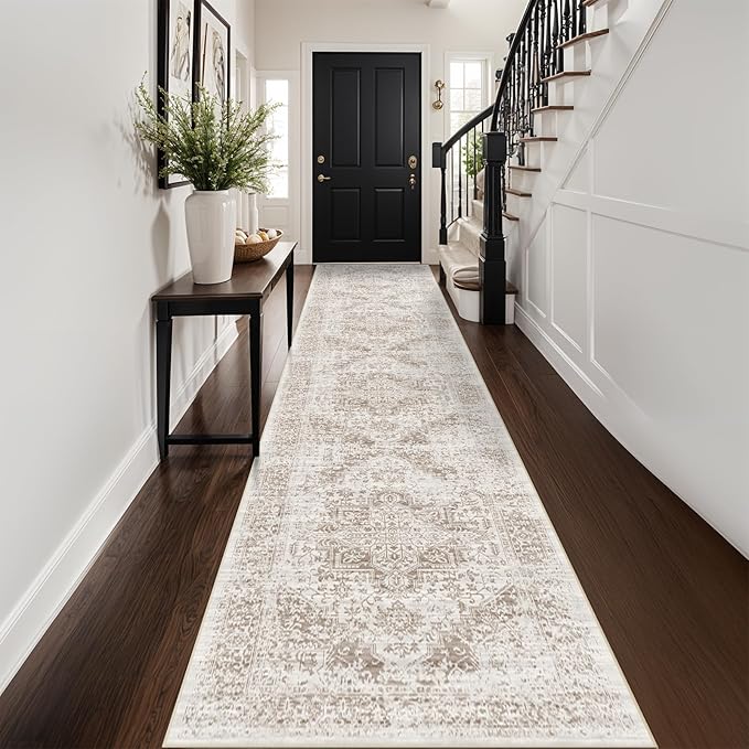 Washable 2'6''x14' Runner Rug - Non-Slip Vintage Runner Rug for Entryway Low-Pile Medallion Long Rugs for Hallway Waterproof Traditional Runner Rugs Indoor Thin Rug for Kitchen (Cream/Beige)