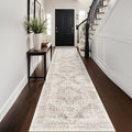 Washable 2'6''x14' Runner Rug - Non-Slip Vintage Runner Rug for Entryway Low-Pile Medallion Long Rugs for Hallway Waterproof Traditional Runner Rugs Indoor Thin Rug for Kitchen (Cream/Beige)