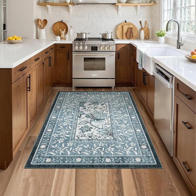 GarveeHome Provence Botanical Grove 4x6 Rug Vintage Cottagecore Retro Blue 4 x 6 Area Rug for Bedroom Living Room Nursery Kitchen Entryway Indoor Mat