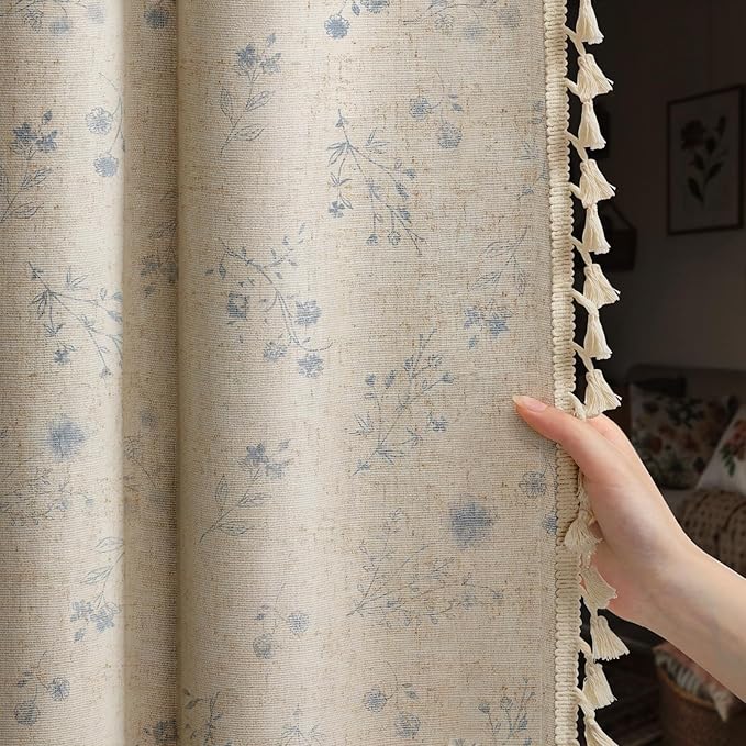 Boho Floral Spring 100% Blackout Curtains 84 Inch Length 2 Panels Set, Linen Texture Farmhouse Curtains with Beige Tassel for Living Room Bedroom, Vintage Rustic Rod Pocket,Light Blue